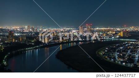 空撮「千葉県」ドローンで江戸川矢切付近から下流の夜景を望む 空撮「千葉県」ドローンで江戸川矢切付近から下流の夜景を望む 124437717