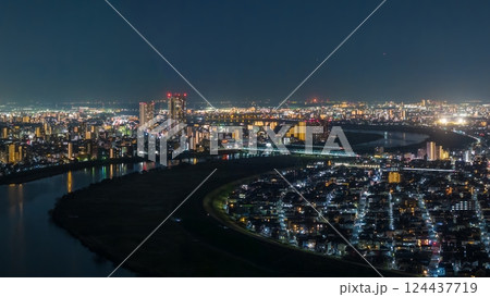 空撮「千葉県」ドローンで江戸川矢切付近から下流の夜景を望む 124437719