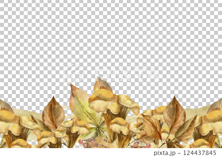 Orange autumn mushroom with colorful leaves watercolor template. Isolated hand drawn banner with Chantarelle boletus and botanical arrangement for fall invitation,card, poster design 124437845