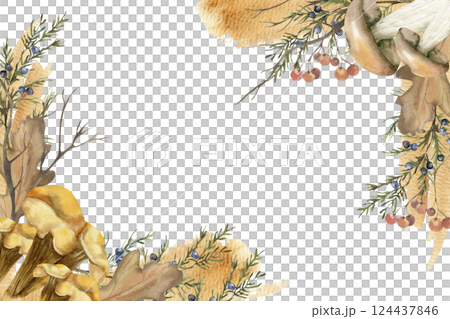 Mushroom botanical frame with orange forest fungus,red berries and juniper branches watercolor illustration. Hand drawn isolated floral template for autumn card, poster, packing design 124437846