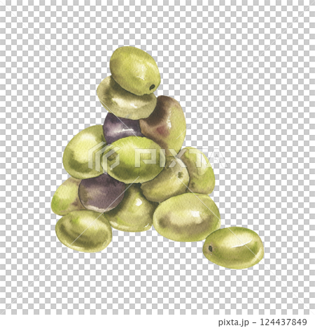Green olives group watercolor illustration. Hand drawn vegan food clipart, Greek and Italian cuisine traditional ingredient painting for menu, product packing, label, logo design 124437849