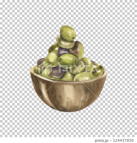 Green olives bunch in wooden plate watercolor illustration. Hand drawn isolated vegetarian food clipart, organic product and salad ingredient painting for packing, label, italian restaurant design 124437850