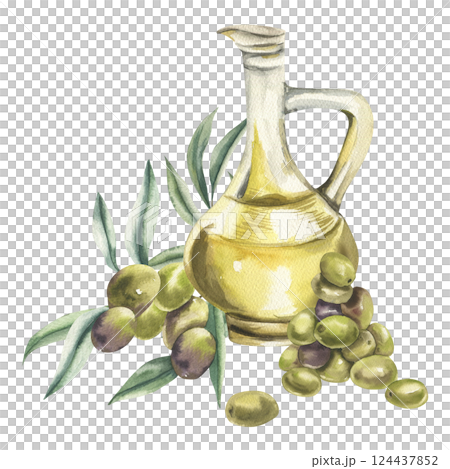 Olive oil glass jug with ripe green fruits bunch watercolor composition.Mediterranean organic healthy food, vegan natural product clipart for Italian cuisine menu,restaurant,label design Olive oil glass jug with ripe green fruits bunch watercolor composition.Mediterranean organic healthy food, vegan natural product clipart for Italian cuisine menu,restaurant,label design 124437852