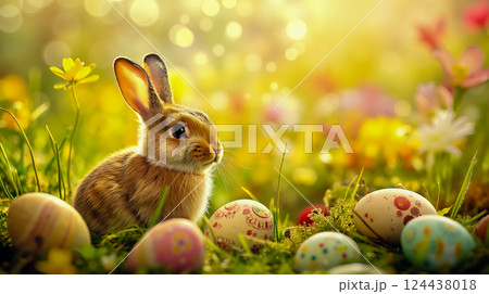 A rabbit sitting in the grass surrounded by colorful easter eggs 124438018