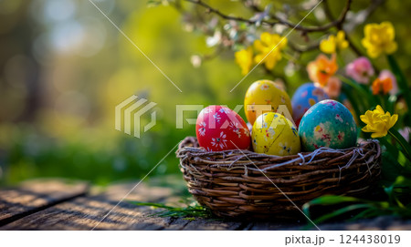 A basket full of colorful painted eggs sitting on a wooden table 124438019
