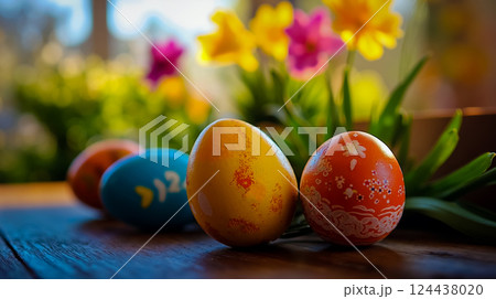 A group of colorful easter eggs sitting on top of a wooden table 124438020
