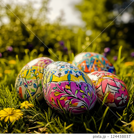A group of colorful painted eggs sitting in the grass 124438037