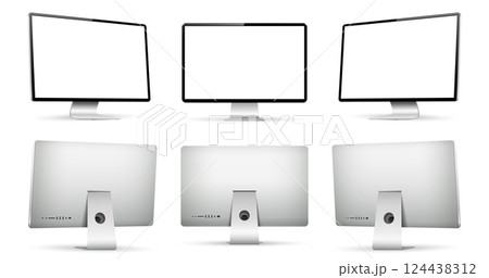 Three monitor with empty display, realistic set device screen mockup Three monitor with empty display, realistic set device screen mockup 124438312