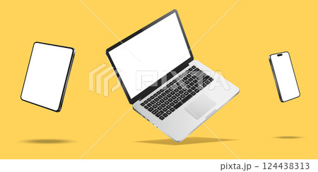 Laptop, smartphone and tablet while levitating in the air on a yellow background Laptop, smartphone and tablet while levitating in the air on a yellow background 124438313
