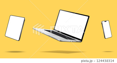 Laptop computer, smartphone and tablet while levitating in the air on a yellow background Laptop computer, smartphone and tablet while levitating in the air on a yellow background 124438314