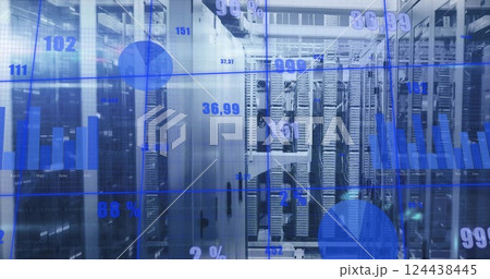 Image of diagrams and data processing over server room Image of diagrams and data processing over server room 124438445