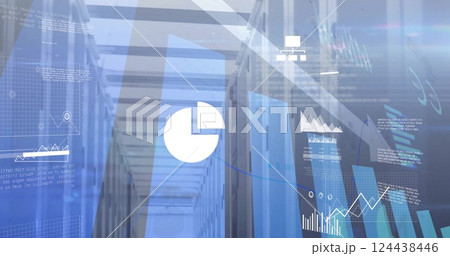 Image of diagrams and data processing over server room Image of diagrams and data processing over server room 124438446