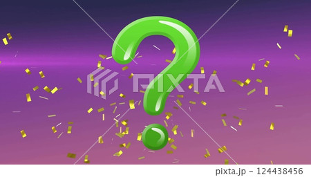 Image of green question mark and falling gold confetti on purple background Image of green question mark and falling gold confetti on purple background 124438456