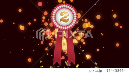 Image of rosette with number 2 and falling confetti and orange light spots on black background Image of rosette with number 2 and falling confetti and orange light spots on black background 124438464