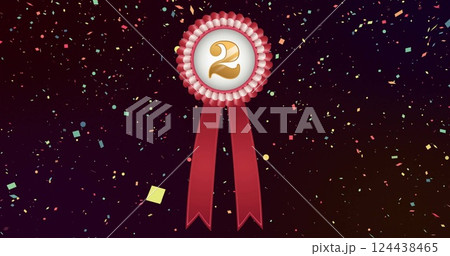 Image of red and white rosette with number 2 and falling confetti on black background 124438465