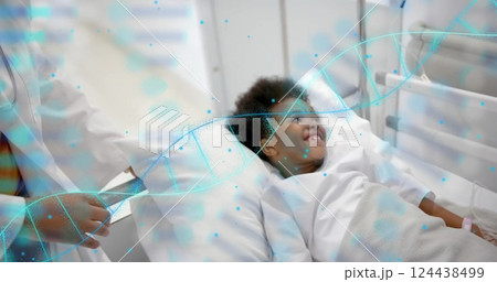 Image of dna strands over african american female doctor pushing girl patient in hospital bed Image of dna strands over african american female doctor pushing girl patient in hospital bed 124438499