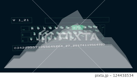 Image of data processing and keyboard over diagrams on black background 124438534