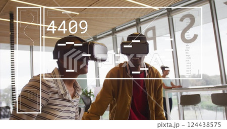 Image of financial data processing over diverse business people in vr headsets 124438575