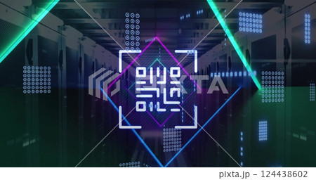 Image of qr code and shapes over server room 124438602