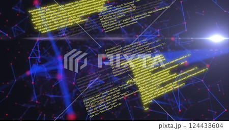 Image of data processing and network of connections on black background Image of data processing and network of connections on black background 124438604