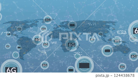 Image of 6g texts over world map and shapes 124438678