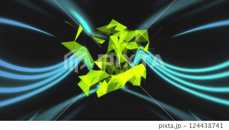 Image of 3d yellow network over glowing light waves changing colour on black background 124438741