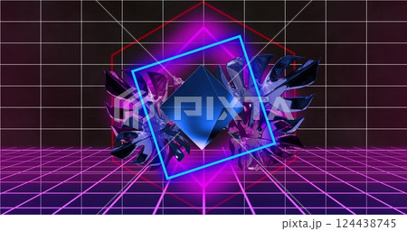 Geometric shapes and neon lights image over grid background Geometric shapes and neon lights image over grid background 124438745