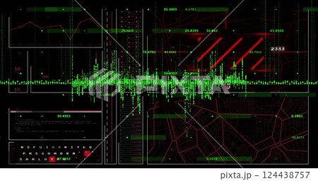 Image of digital data processing over screens on dark background 124438757