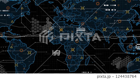 Image of digital data processing over world map on dark background Image of digital data processing over world map on dark background 124438764
