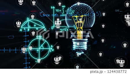 Image of light bulb with ai icons over mathematical equations on blue background Image of light bulb with ai icons over mathematical equations on blue background 124438772