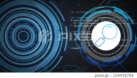 Image of data processing over blue circular scanners and search icon on black background 124438784