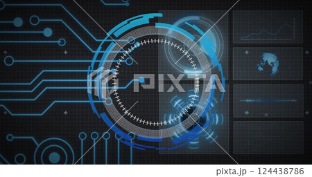 Image of motherboard network and circular scanner processing, over charts and globe on black 124438786