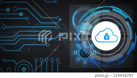 Image of motherboard network and circular scanner processing cloud and padlock icon on black 124438787