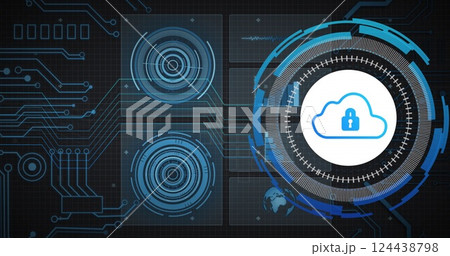 Image of network, charts processing data and scanner with padlock cloud icon 124438798