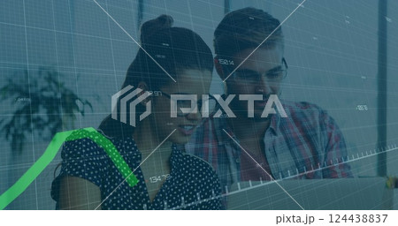 Image of data processing and diagrams over diverse business people discussing work 124438837