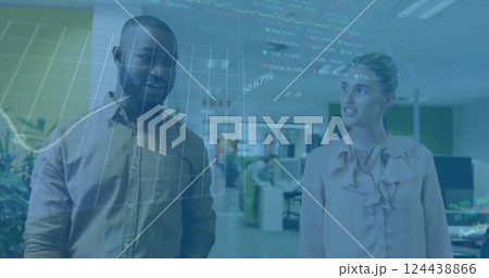 Image of financial data processing over diverse colleagues discussing work in office Image of financial data processing over diverse colleagues discussing work in office 124438866