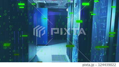 Binary code and data processing image over server room Binary code and data processing image over server room 124439022