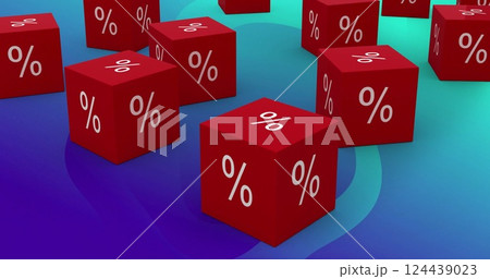 Red cubes with percentage symbols image over blue and green gradient background Red cubes with percentage symbols image over blue and green gradient background 124439023
