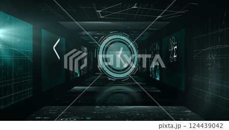Geometric shapes and mathematical formulas image over futuristic tunnel background 124439042