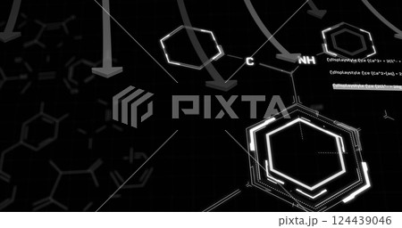 Chemical structures and molecular bonds image over black background with hexagons Chemical structures and molecular bonds image over black background with hexagons 124439046