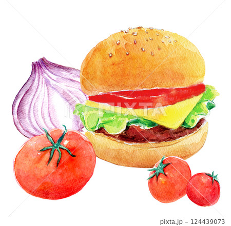 水彩イラスト　ヘルシーなハンバーガー 124439073