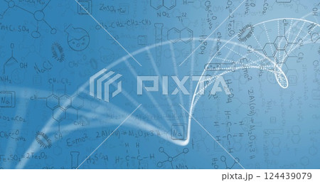 Image of dna strand and shapes over chemical equations Image of dna strand and shapes over chemical equations 124439079