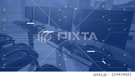 Image of financial data processing over computers on desks in office and blue background 124439081