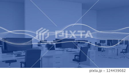 Image of financial data processing over computers on desks in office and blue background Image of financial data processing over computers on desks in office and blue background 124439082