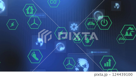 Image of network of eco icons and data processing 124439100