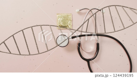 Image of dna strand and stethoscope over condom on pink background 124439195