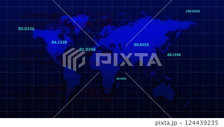 Image of data processing over world map on black background Image of data processing over world map on black background 124439235