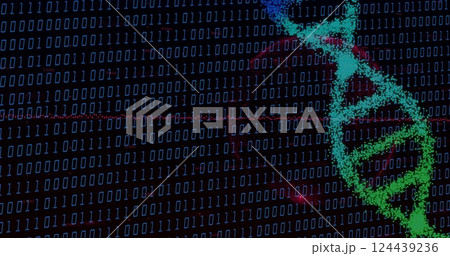 Image of data processing over dna strand on black background Image of data processing over dna strand on black background 124439236