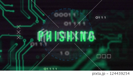 Image of data processing with phishing text and computer circuit board on black background Image of data processing with phishing text and computer circuit board on black background 124439254