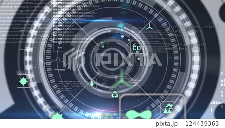Futuristic circular interface with coding and data processing image 124439363